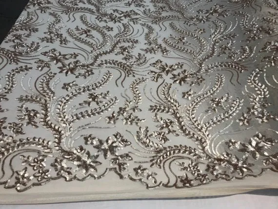 New Champagne Designed Embroidery Stretch Sequin 4 Way On A Mesh Lace Fabric Sold By The Yard