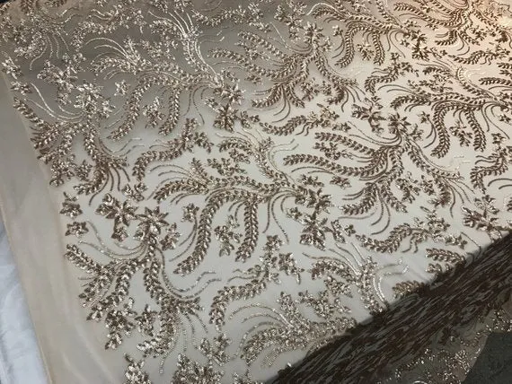 New Champagne Designed Embroidery Stretch Sequin 4 Way On A Mesh Lace Fabric Sold By The Yard