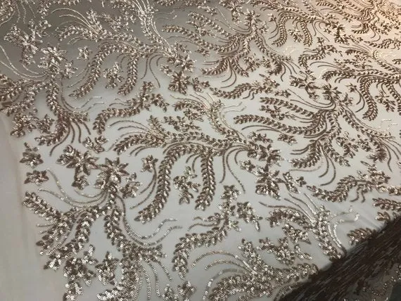 New Champagne Designed Embroidery Stretch Sequin 4 Way On A Mesh Lace Fabric Sold By The Yard