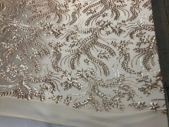 New Champagne Designed Embroidery Stretch Sequin 4 Way On A Mesh Lace Fabric Sold By The Yard