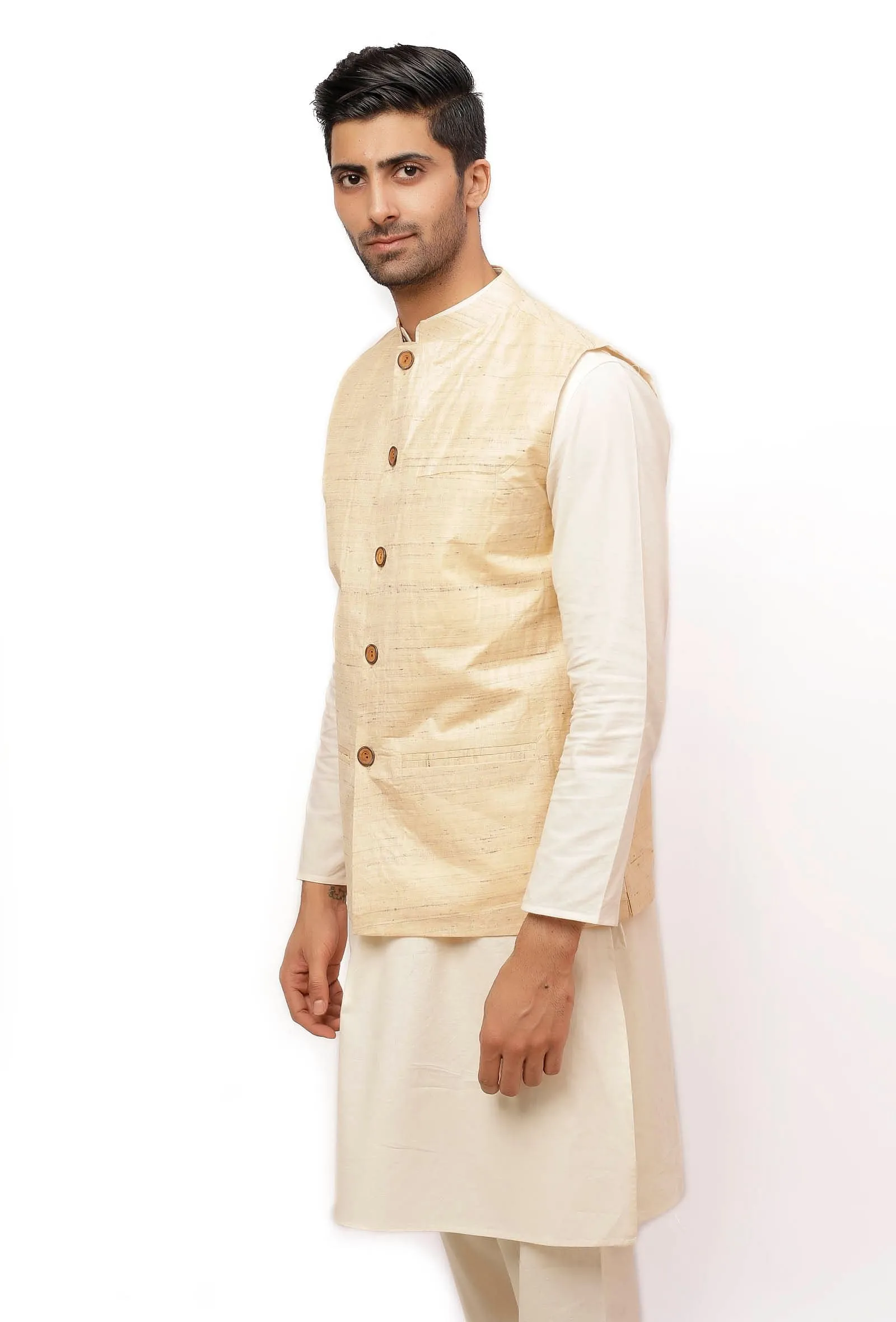 Pearl Cream Ghicha Silk Nehru Jacket