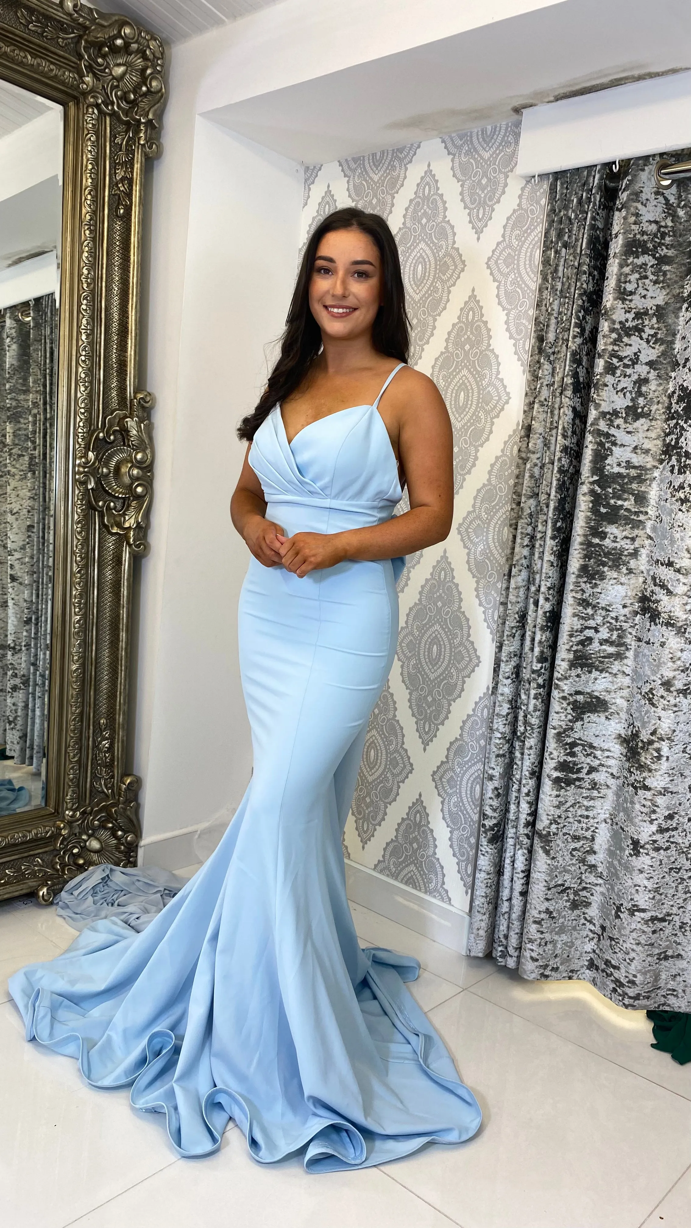 Powder Blue Bow Back Chiffon Trail Prom Dress