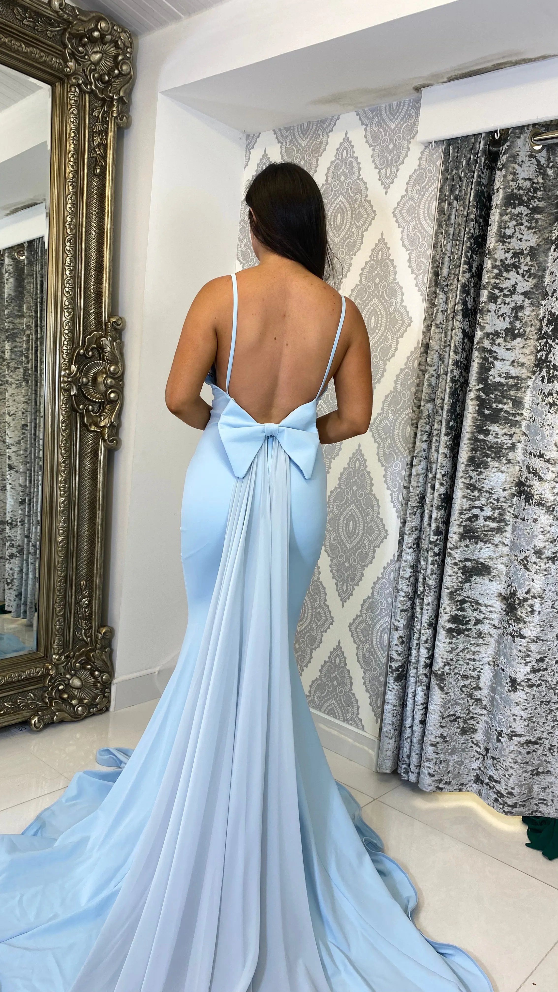 Powder Blue Bow Back Chiffon Trail Prom Dress