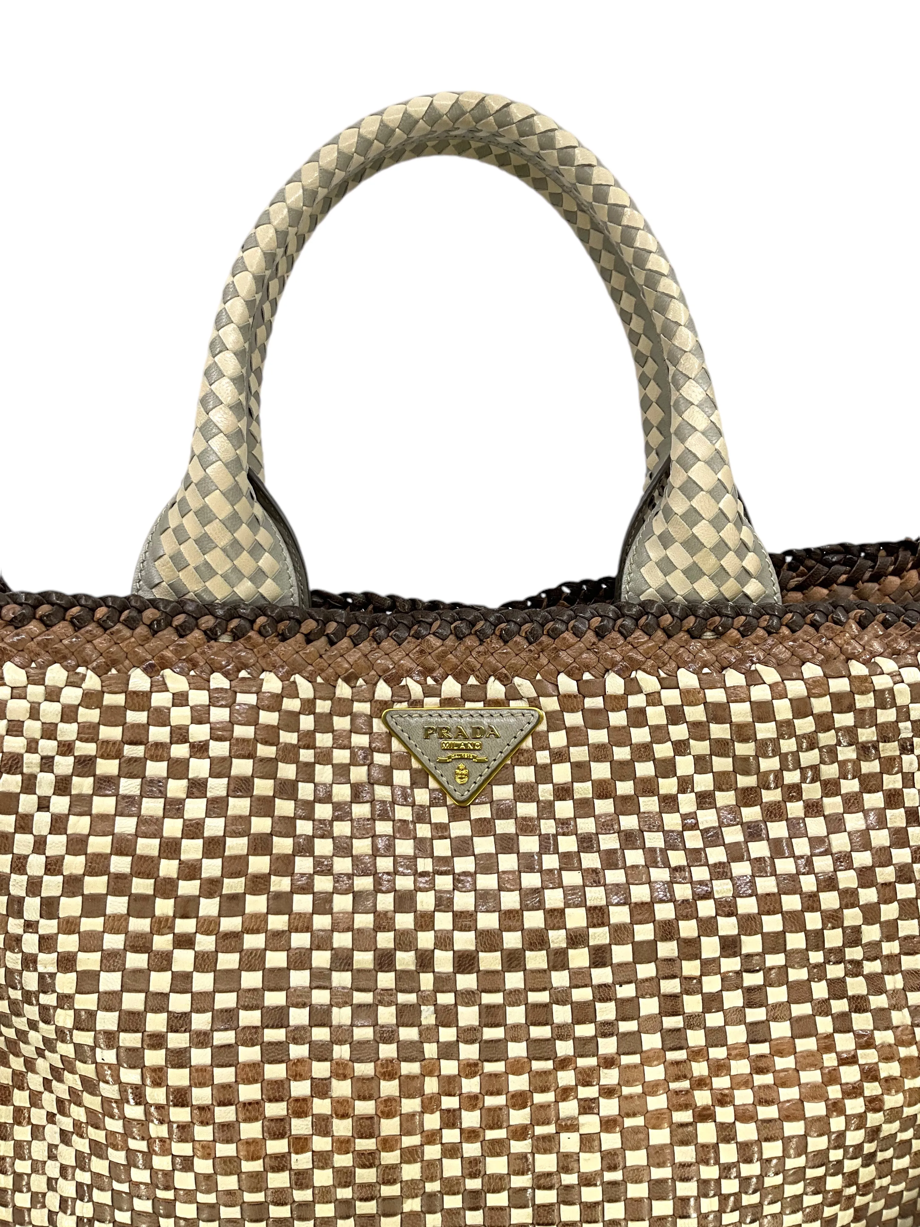 PRADA Leather Woven Large Madras Tote Bag