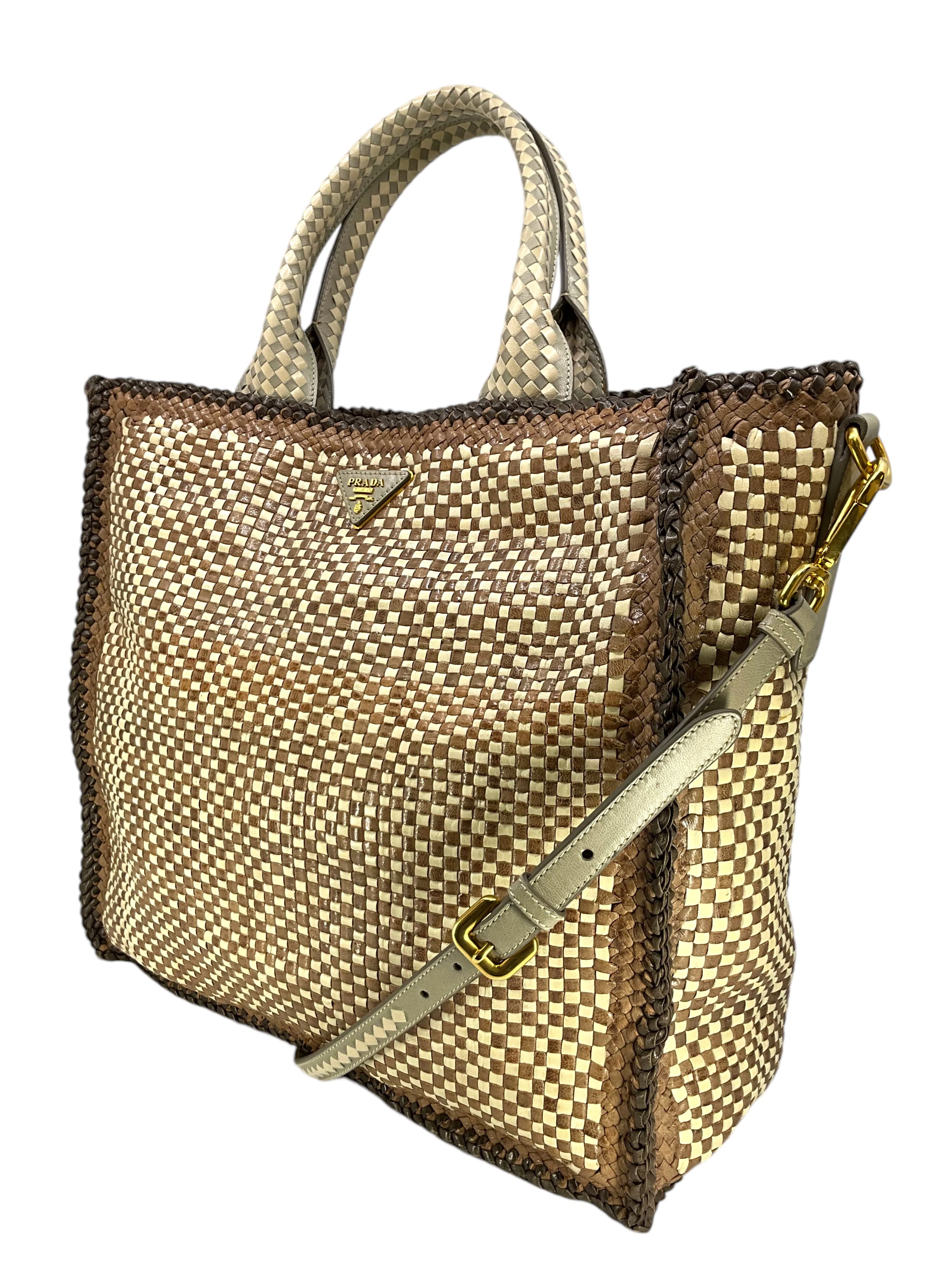 PRADA Leather Woven Large Madras Tote Bag