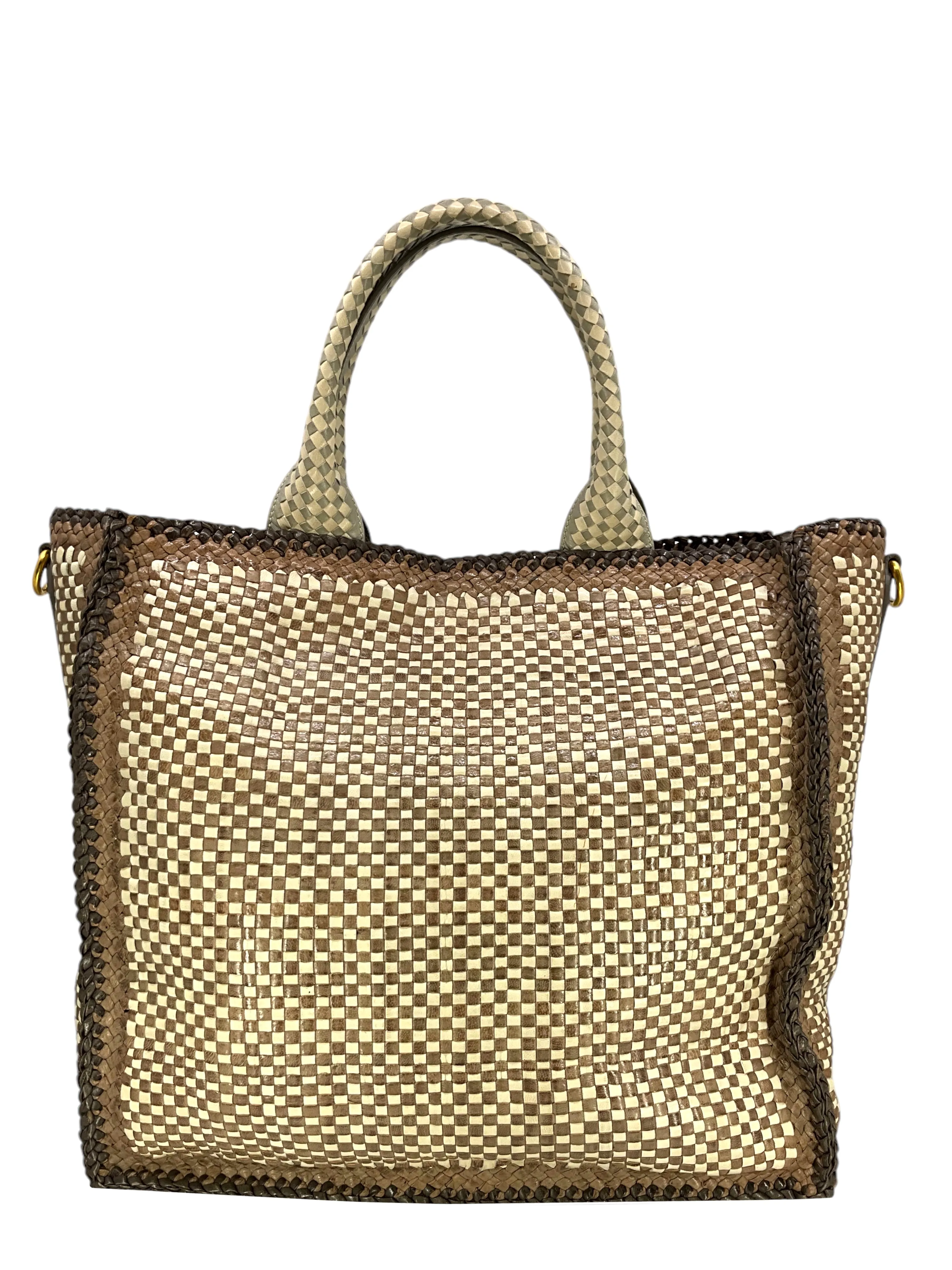 PRADA Leather Woven Large Madras Tote Bag