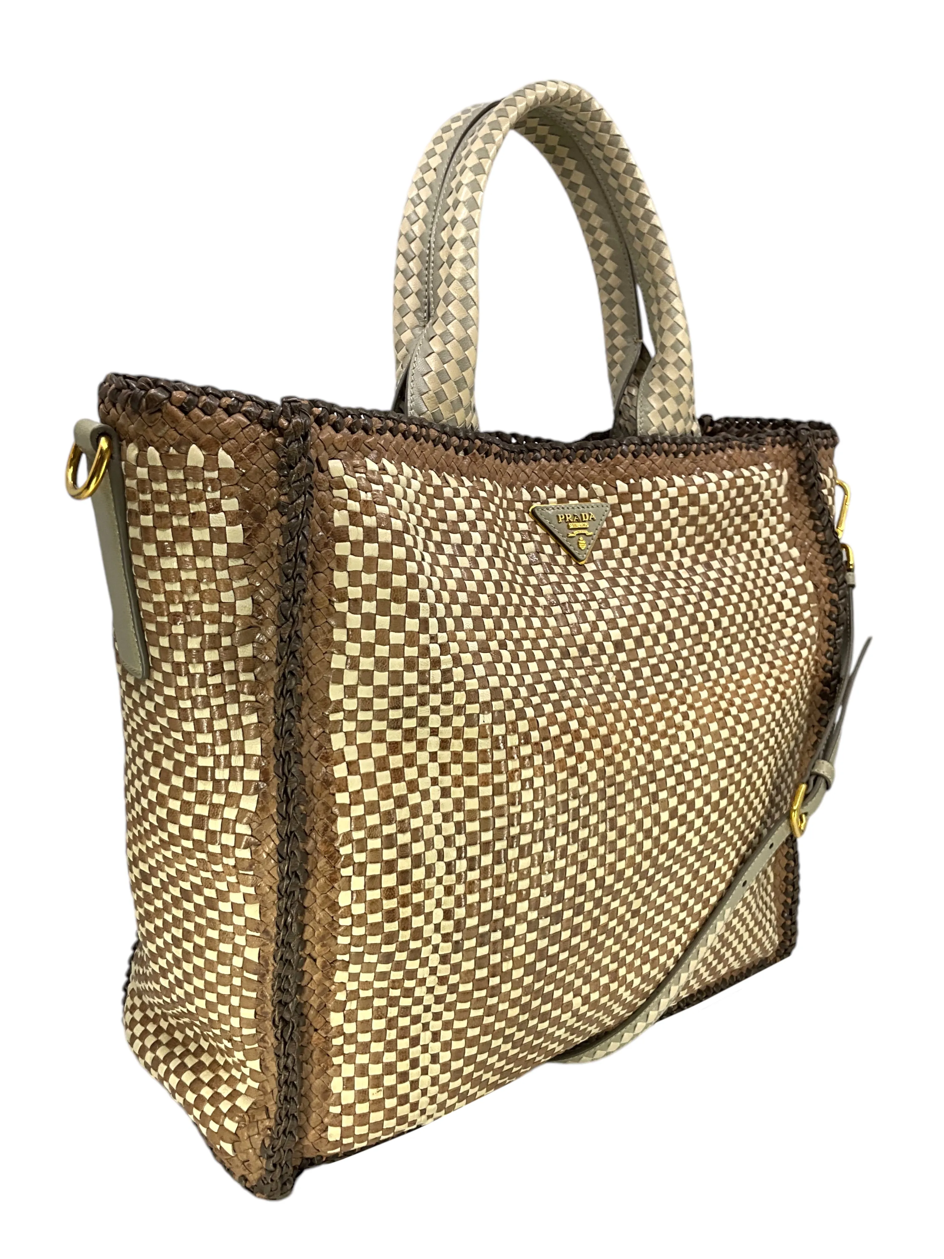 PRADA Leather Woven Large Madras Tote Bag