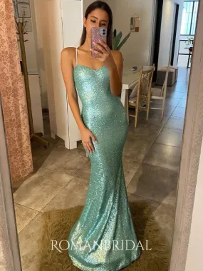 Sexy Light Green Spaghetti Strap Sequins Mermaid Evening Gowns Prom Dresses , WGP155