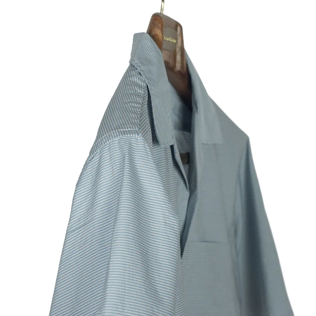 Short sleeve camp shirt in light blue stripe cotton