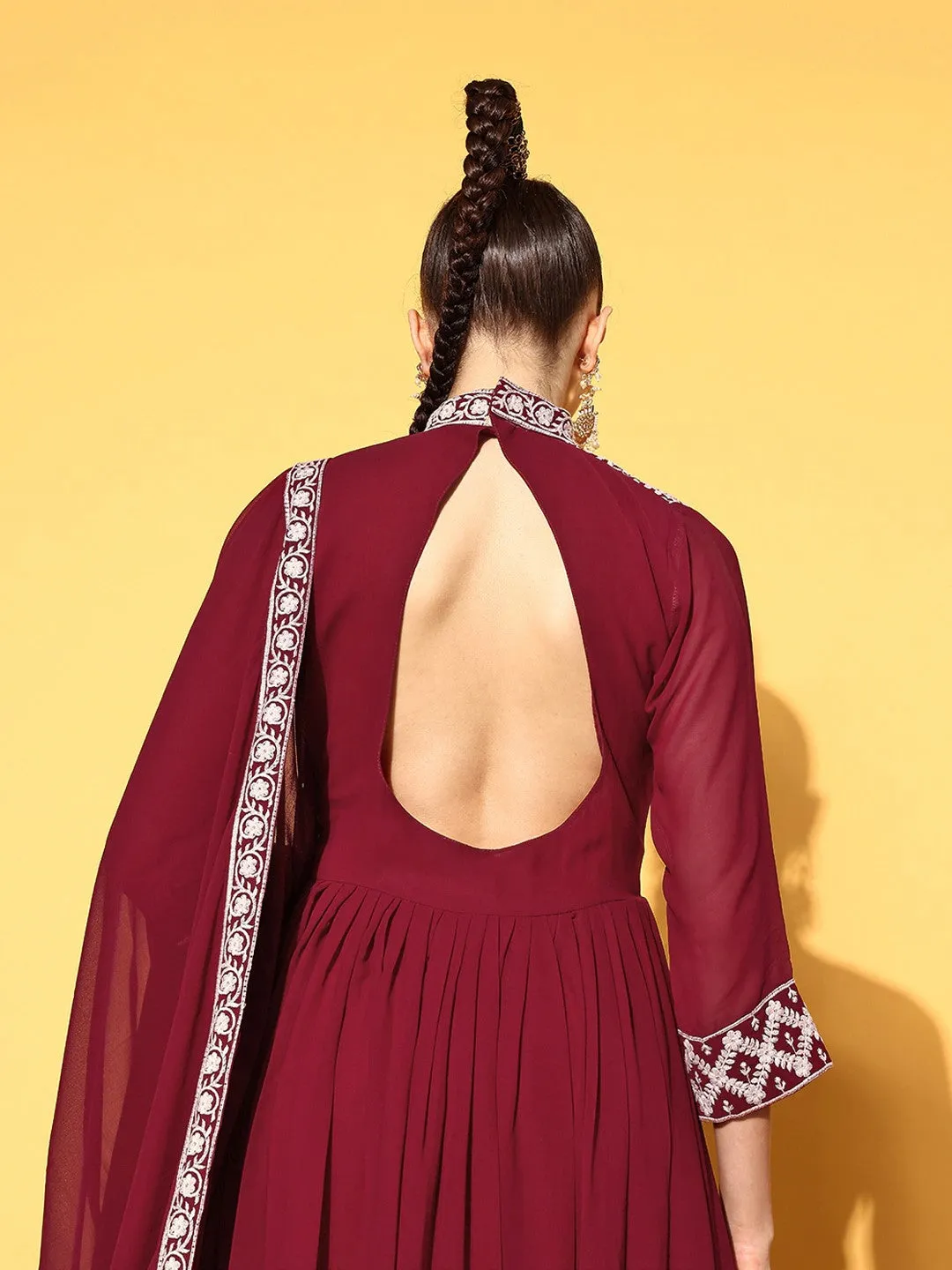 Women Maroon Embroidered Gown with Dupatta