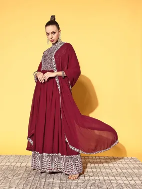 Women Maroon Embroidered Gown with Dupatta