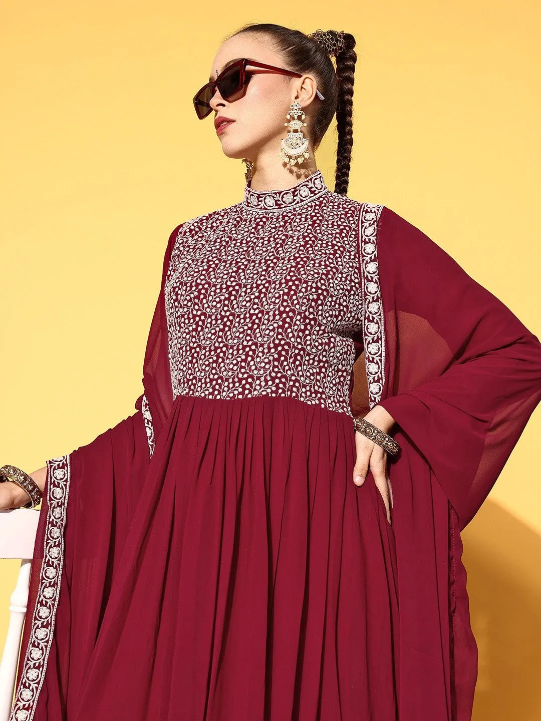 Women Maroon Embroidered Gown with Dupatta