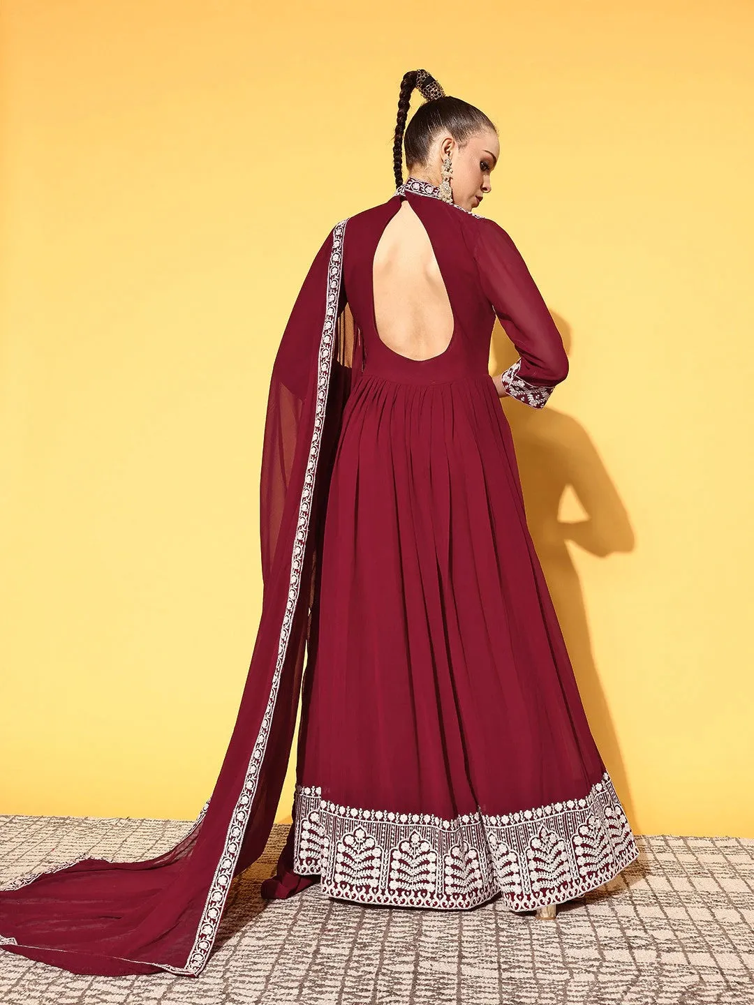 Women Maroon Embroidered Gown with Dupatta