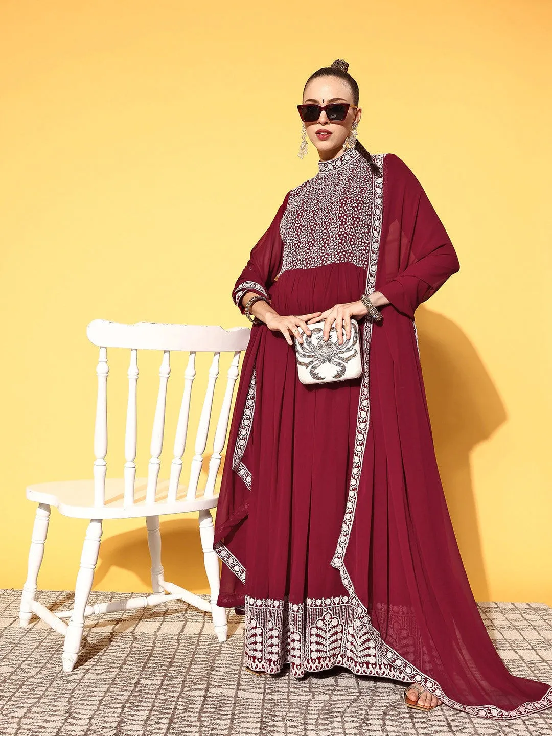 Women Maroon Embroidered Gown with Dupatta