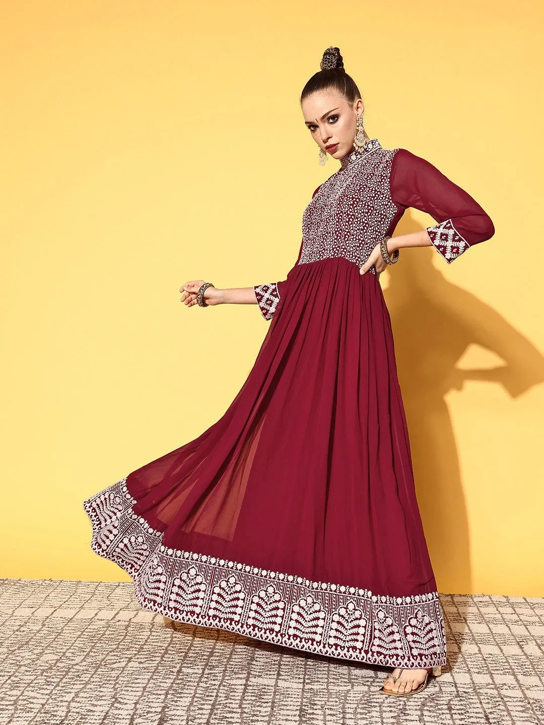 Women Maroon Embroidered Gown with Dupatta