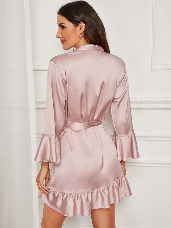 Women's Belted Short Dressing Gown With Frill Sleeve Design